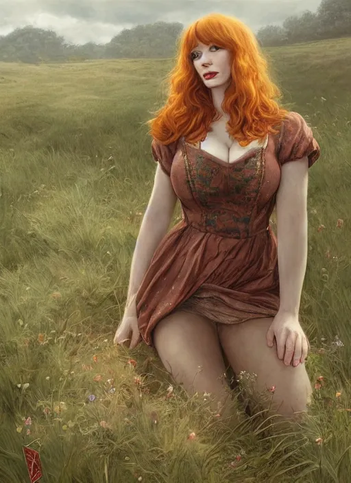 Image similar to Christina Hendricks taking a rest in a meadow after an long adventure, a ruggedly muscled handsome heroine, intricate, elegant, highly detailed, centered, digital painting, artstation, concept art, smooth, sharp focus, illustration, artgerm, donato giancola, Joseph Christian Leyendecker, WLOP, Artgerm, thunder storm