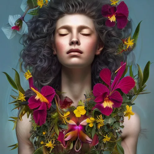 Prompt: a beautiful fine art portrait photo of a resting futuristic cyborg, wavy hair spread out, surrounded by hibiscus, daffodils, moth orchids, montsera leaves by tom bagshaw and zach sutton, soft lighting, very detailed, bionic, robotic, deep depth of field, artstation, 4K