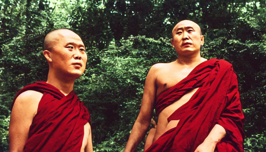 Image similar to 7 0 s film still from a horror movie about a buddhist monk, kodachrome, cinecolor, cinestill, film grain, film texture, retro, cinematic, high resolution, photorealism,