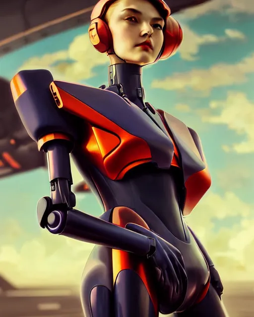 Image similar to beautiful delicate imaginative streamlined mecha neon genesis evangelion elegant futuristic close up portrait of a pilot female sitting with elegant deadly looks, armor with gold linings by ruan jia, tom bagshaw, alphonse mucha, futuristic buildings in the background, epic sky, vray render, artstation, deviantart, pinterest, 5 0 0 px models