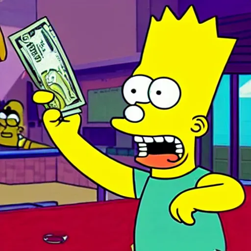 Image similar to full body action shot of Bart Simpson at the club partying and taking selfies with friends and a pile of cash in the background in GTA V or GTA VI, 8K, highly detailed, photo realistic