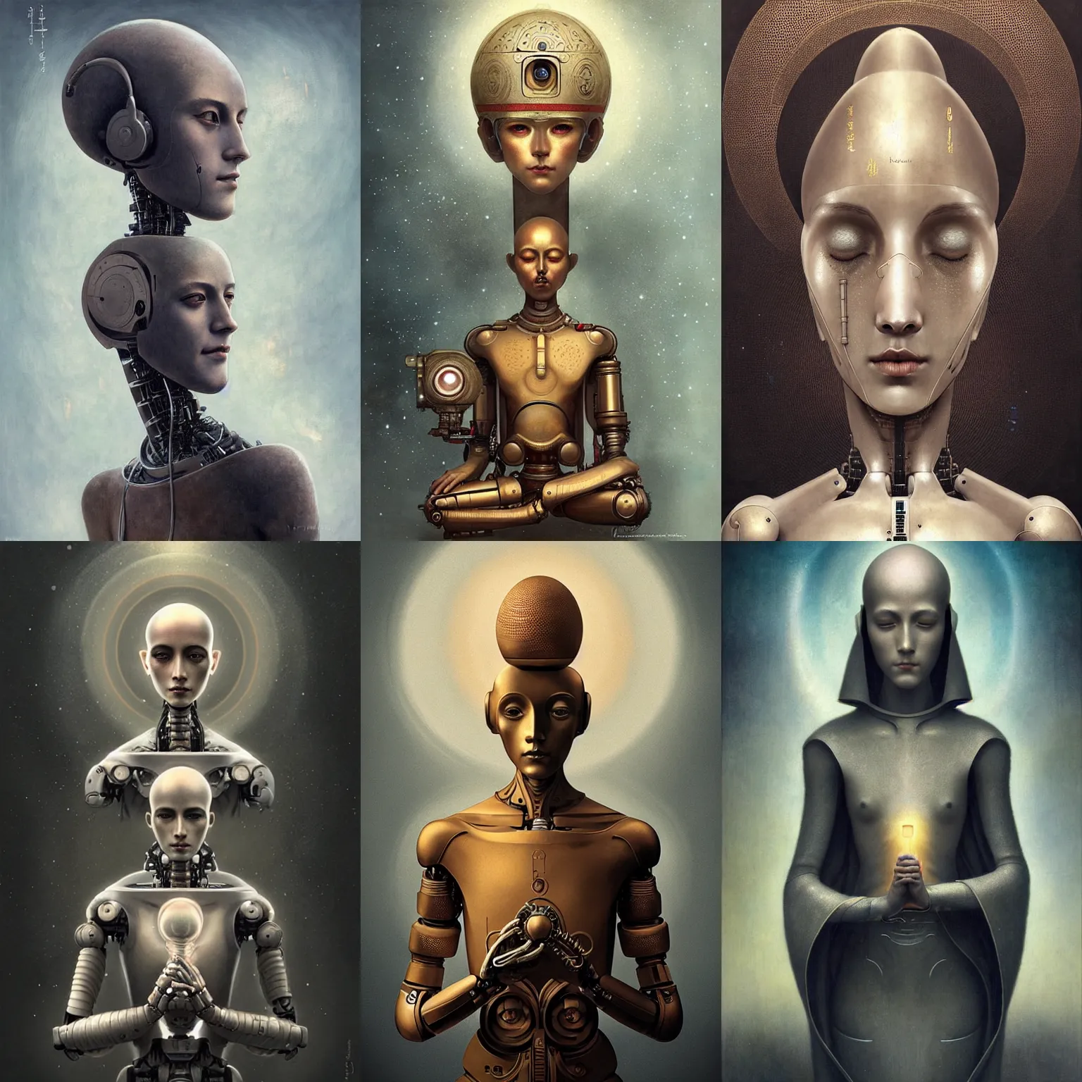 Prompt: robot monk, listening to heavenly music, highly detailed, expressive closed eyes, beautiful symmetric body, award winning, by Tom Bagshaw