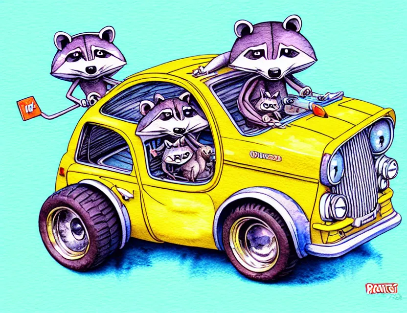 Image similar to cute and funny, racoon riding in a tiny hot rod with oversized engine, ratfink style by ed roth, centered award winning watercolor pen illustration, isometric illustration by chihiro iwasaki, edited by range murata, tiny details by artgerm and watercolor girl, symmetrically isometrically centered