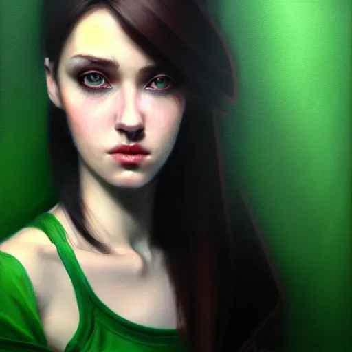 Image similar to a realistic illustration portrait of a beautiful cute girl with wavy black red hair, a pointy nose and, round chin black eyeliner, green pupills, trending on artstation, hyper - realistic lighting, intricate by casey baugh