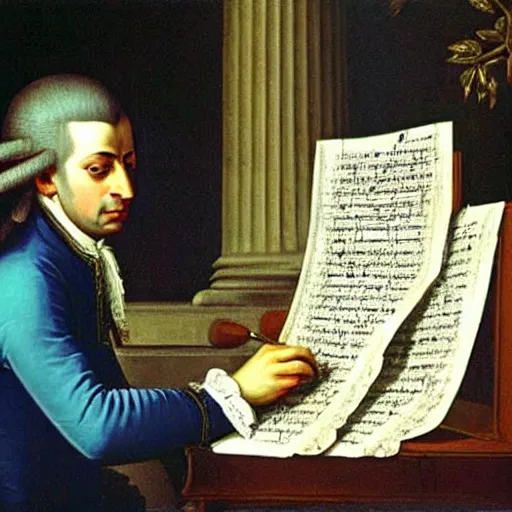 Image similar to a renaissance painting of mozart writting a piece of music on a sheet. He is staring at the sheet with one hand on his head.