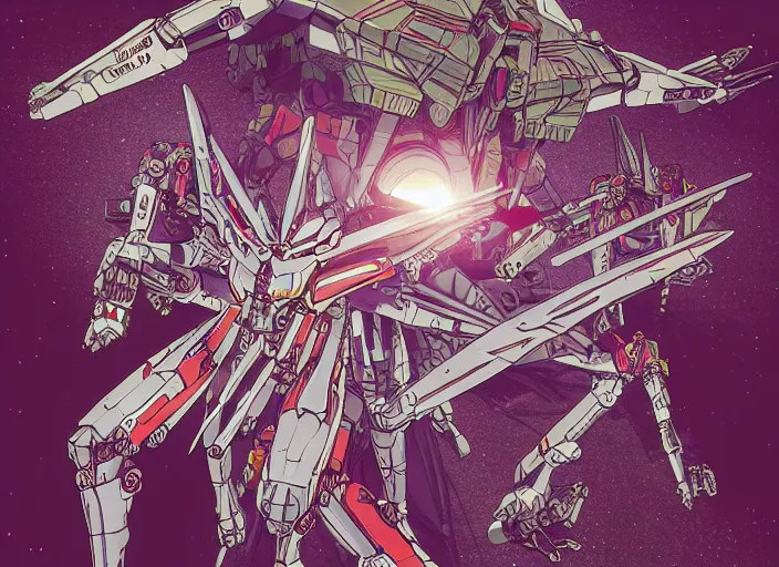 Image similar to vitruvian mecha, isometric concept gundam macross evangelion, illuminated features, ink outlines, detailed hatching, dramatic moonlit lighting, diagram specifications notations, by alex pardee, dan mumford, 3 d cg, octane rendered, futuristic, 2 k aesthetic, 4 k, highly saturated colors