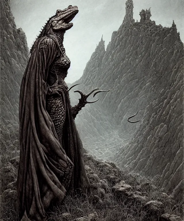 Image similar to a detailed horned crocodilewoman stands among the hills. wearing a ripped mantle, robe. extremely high details, realistic, fantasy art, solo, masterpiece, artstation contest winner, art by zdzisław beksinski, arthur rackham, dariusz zawadzki