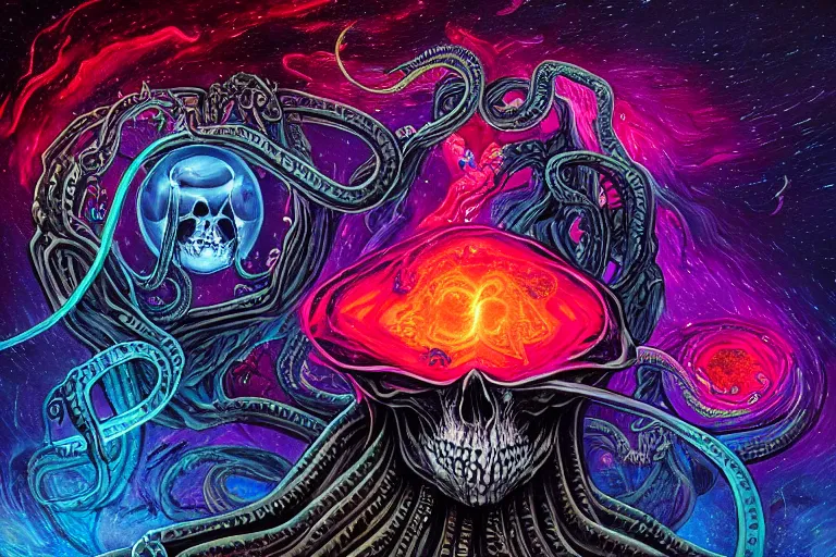 Image similar to a giant skull with intricate rune carvings and glowing eyes with lovecraftian tentacles emerging from a space nebula by dan mumford, smoke trails, digital art, photorealistic, vivid colors, highly detailed, intricate