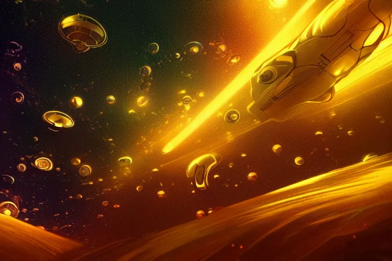 Prompt: raindrops transforming into spaceships flying through a golden galaxy, in the style of wlop, illustration, epic, fantasy, hyper detailed, smooth, unreal engine, sharp focus, ray tracing