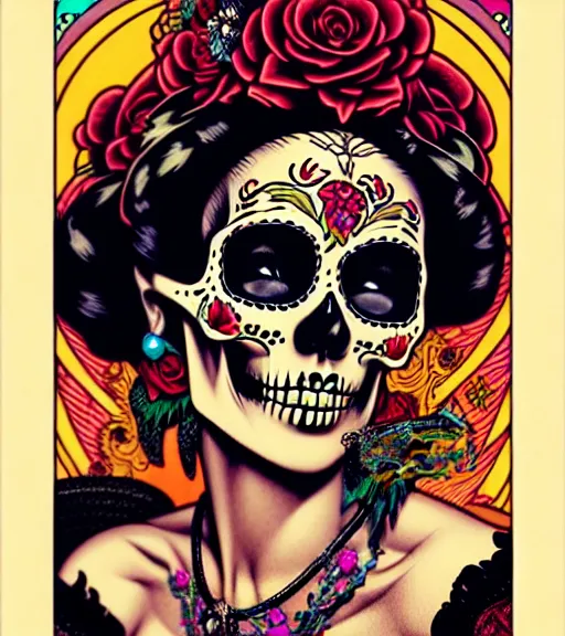 Image similar to a beautiful fancy skull lady by dan mumford and gil elvgren, folklorico, tarot, sugar skull, hyperrealism, intricate details