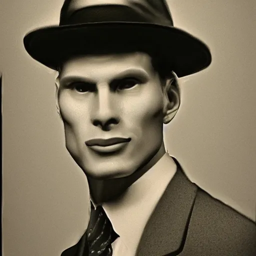 Image similar to A photograph portrait of Jerma985 wearing a suit with and fedora in the 1940s, taken in the early 1940s, grainy, taken on a 940s Kodak Camera, realistic, hyperrealistic, very realistic, highly detailed, very detailed, extremely detailed, detailed, digital art, trending on artstation