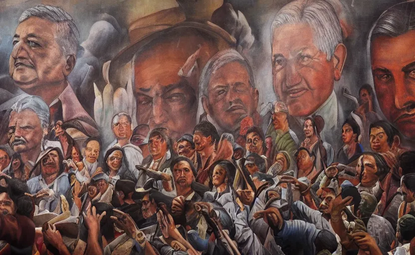 Prompt: a beautiful render of a mexican muralism painting of andres manuel lopez obrador and the people of mexico, by siqueiros, intricate detail, unreal engine 5