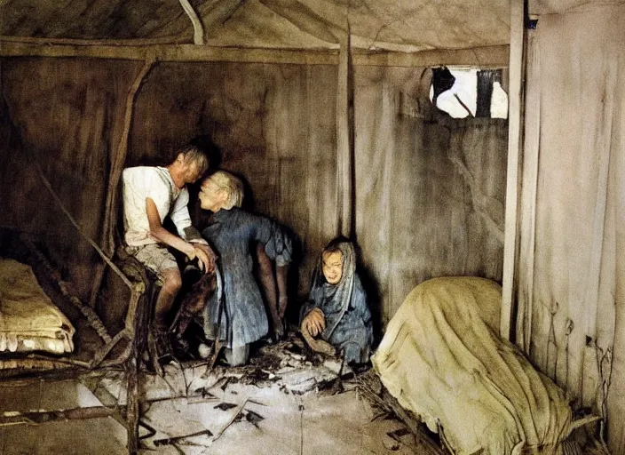 Image similar to poor child talking to an skinny teenager in a dirty makeshift hospital, painting by andrew wyeth and alan lee, very detailed, somber mood,