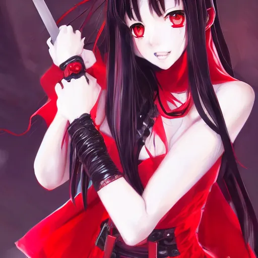 Prompt: long black haired hime cut anime girl, red eyed, wearing red short dress, wielding black blade, portrait made by Stanley Artgerm, WLOP, Rossdraws, James Jean Andrei Riabovitchev, Marc Simonetti, Yoshitaka Amano, Artstation