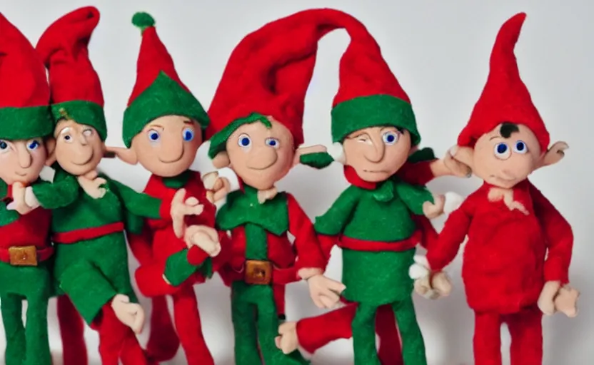 Prompt: footage of a group of Christmas elves in a hip hop group, claymation