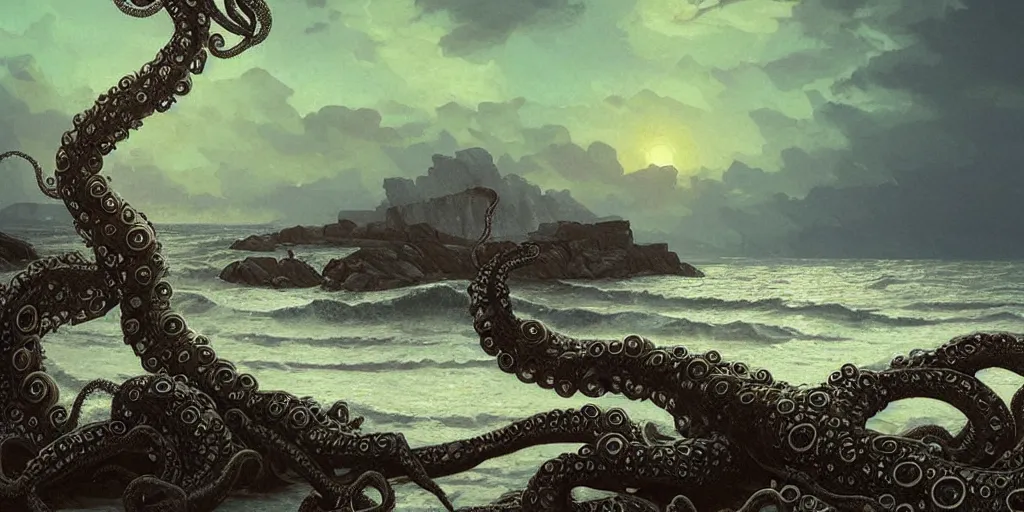 Image similar to landscape view on an old fishing village at night, a tentacled creature emerging from the ocean on the right, night colors, high - key lighting, beautiful composition, intricate, gradient from green to black, pro photography by, highly detailed, digital painting, art by artgerm and greg rutkowski and alphonse mucha, smooth, sharp focus illustration