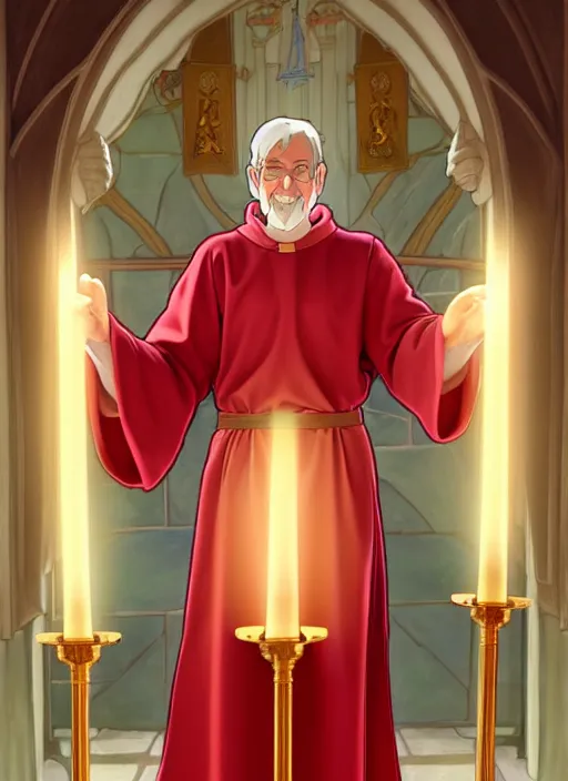 Prompt: pail as a priest wearing robes. holding golden candlestick, in a monestry natural lighting, path traced, highly detailed, high quality, digital painting, by don bluth and ross tran and studio ghibli and alphonse mucha, artgerm