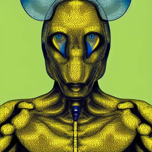 Image similar to human man that resembles a wasp morh in surreal sketch style, blue and yellow gradient, noise, ultrafine detail, hd 8k, logo illustration