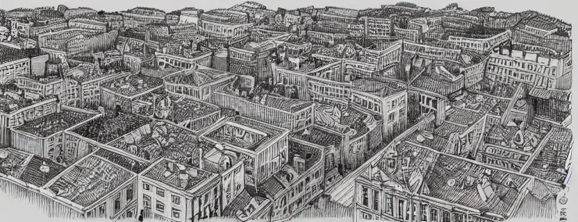 Prompt: an isometric finely detailed pen and ink drawing of a city by mattias adolfsson
