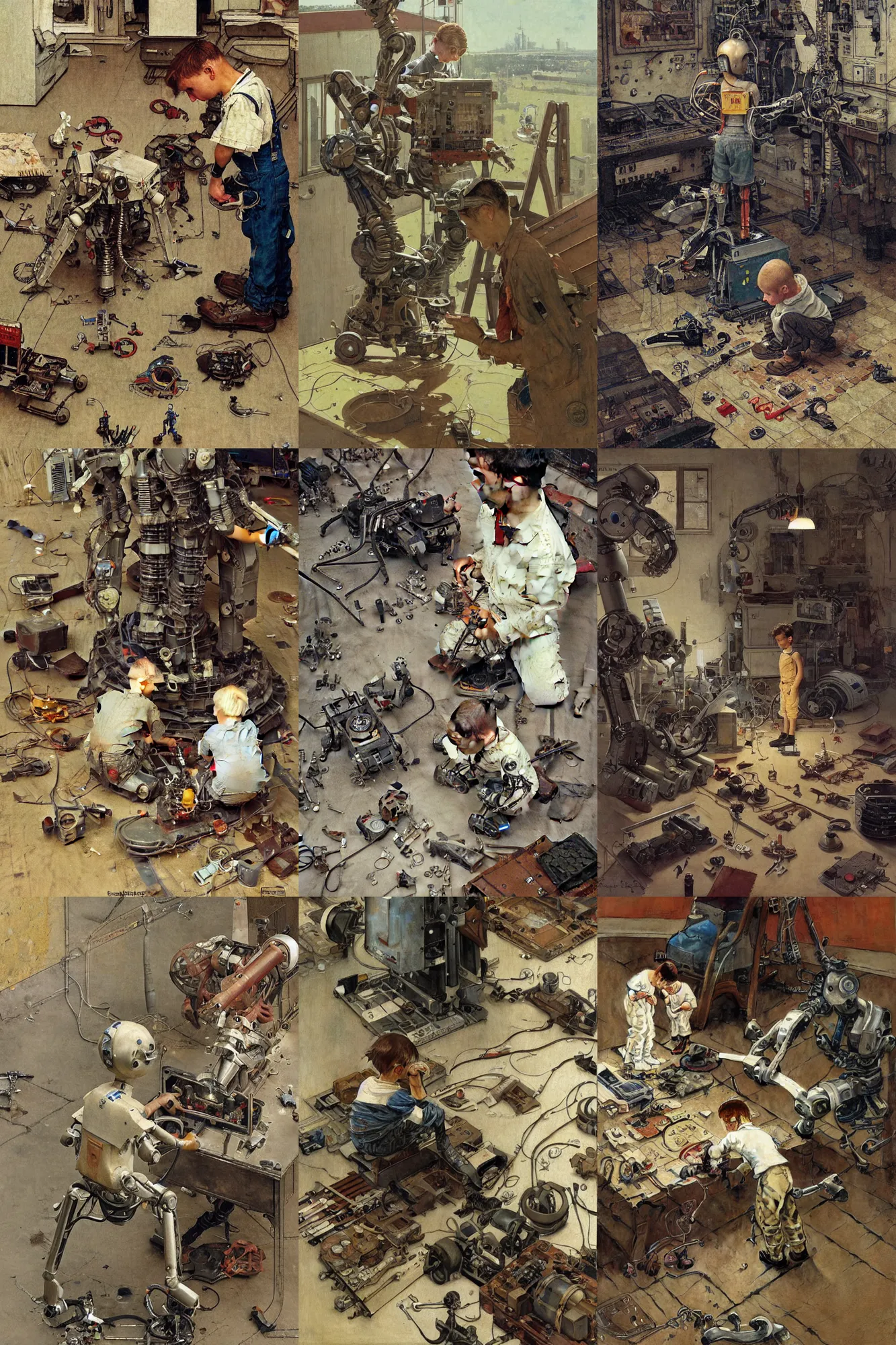 Prompt: a boy fixing his robot, part by Norman Rockwell, part by Greg Rutkowski , part by Mattias Adolfsson, high angle, oil on canvas