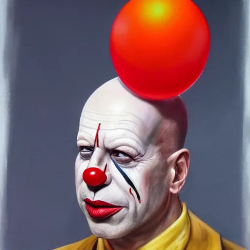 Image similar to UHD hyperrealism painting of Bruce Willis dressed as a clown, wearing clown makeup, by Antonio Caparo and Ferdinand Knab and Greg Rutkowski, UHD, photorealistic, trending on artstation, trending on deviantart, correct face, real clown makeup