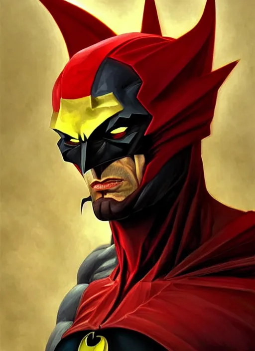 Image similar to portrait of aggressive old tired unshaved batman, d & d, muscular! athetic slim bodybuilder, red and yellow color scheme, futuristic, sci fi, dynamic fighting stance, fantasy, intricate, elegant, highly detailed, digital painting, artstation, concept art, smooth, sharp focus, illustration, art by artgerm and greg rutkowski and alphonse mucha