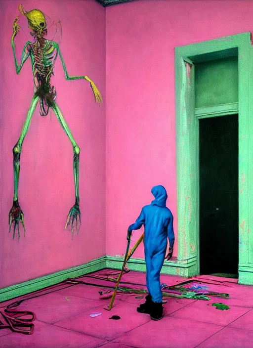 Image similar to a skinny, starving artist wearing overalls, painting the walls inside a grand ornate chernobyl sarcophagus, hauntingly surreal, highly detailed painting by francis bacon, edward hopper, adrian ghenie, gerhard richter, and james jean, soft light 4 k in pink, green and blue colour palette