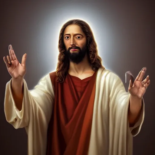 Prompt: uhd real 8 k photo of jesus flipping people off, digital art, portrait, portrait concept art, special effects, finely detailed, studio lighting, correct details, correct face, real jesus
