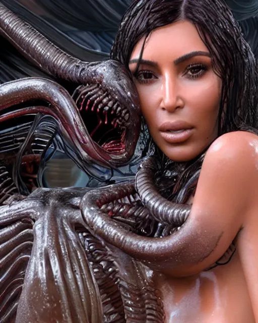 Image similar to film still of kim kardashian being kissed by an xenomorph slathered in a transparent alien liquid, wet flowing hair, gooey skin, illustration, unreal engine 5, 8 k, directed by h. r. giger.