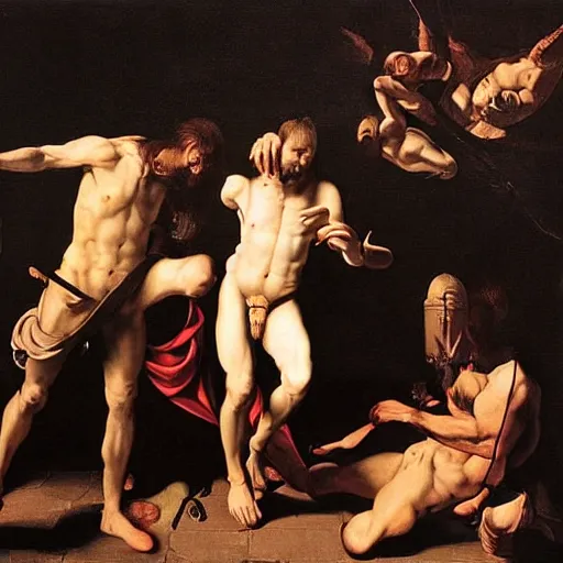 Prompt: the end of man painting with 2 1 savage in the middle apocalypse by caravaggio