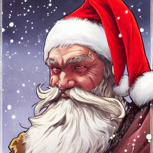 Image similar to santa claus wearing a viking helmet, art by artgerm, greg rutkowski and alphonse mucha