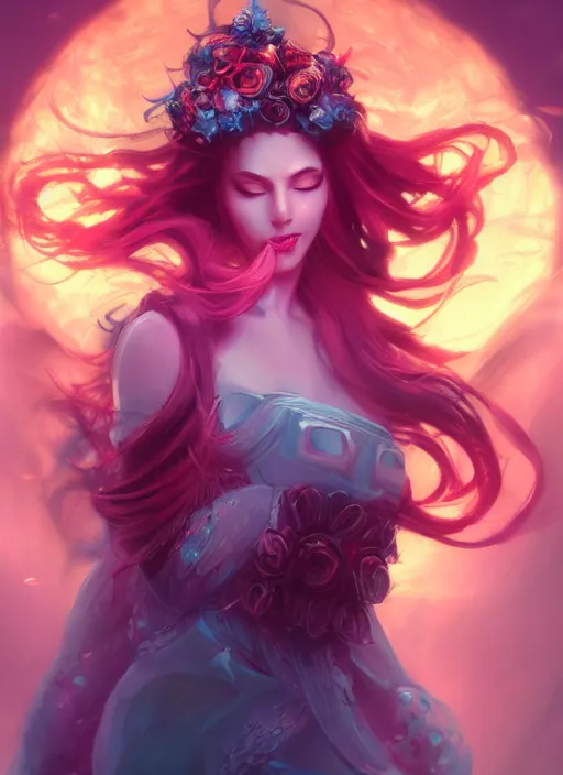 Image similar to persephone, concept art, elegent, magic background, character portrait, dynamic lighting, octane render aesethic, matte painting, gaudy colors, detailed