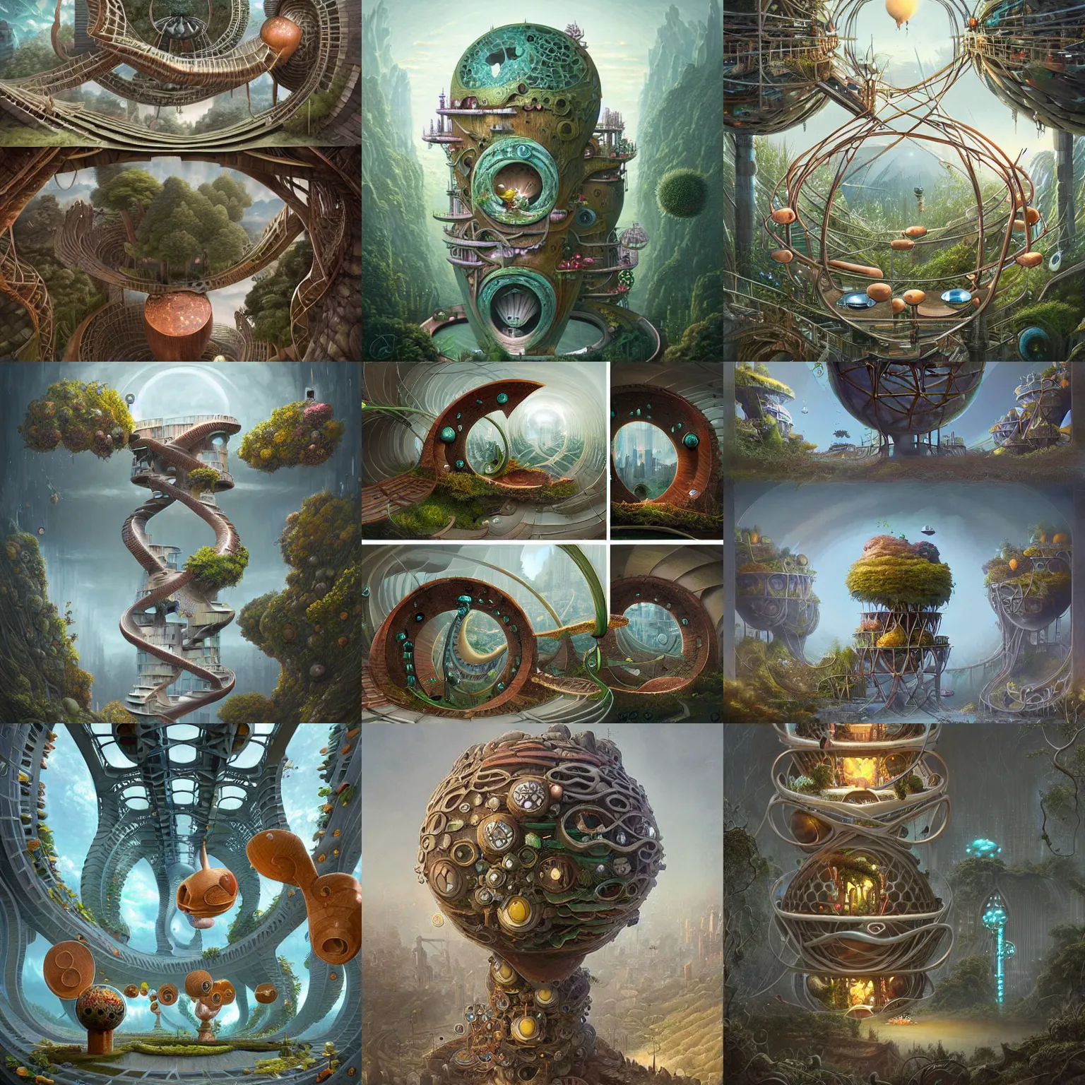 Prompt: organic towers connected by bridges, random circular platforms, ladders, doors, windows, concrete, copper, wood, by naoto hattori, peter mohrbacher, thomas visscher