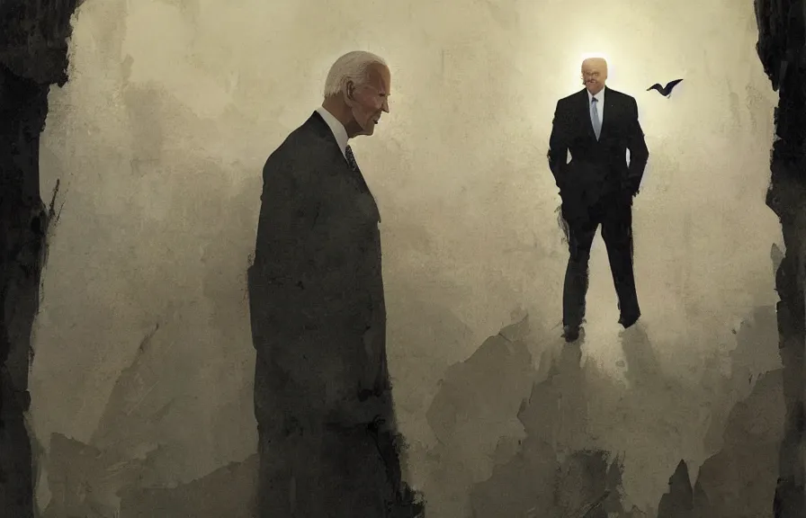 Image similar to Joe Biden casts a long shadow, by Greg Rutkowski and Dave McKean,