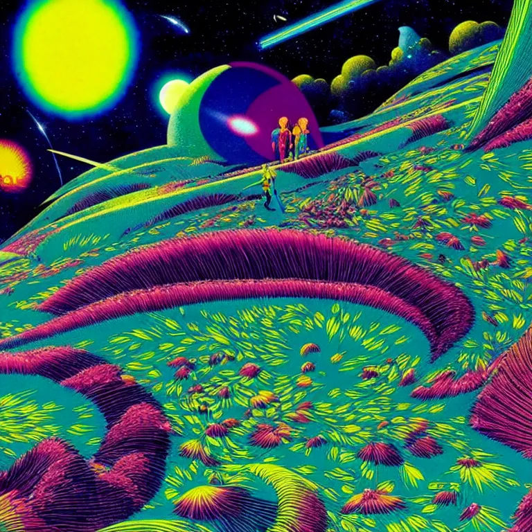 Image similar to edge of interstellar space, bright neon colors, highly detailed, cinematic, hiroo isono, eyvind earle, philippe druillet, roger dean, lisa frank, aubrey beardsley, ernst haeckel