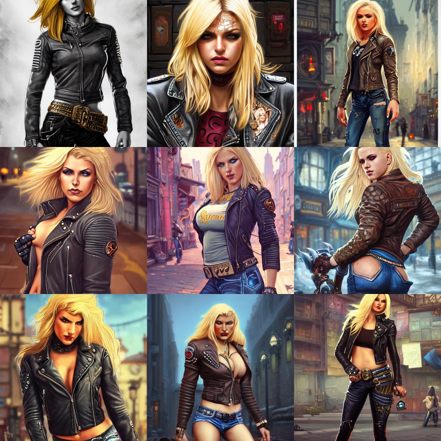 Prompt: muscled blonde female punk wearing leather jacket and jeans, smirking, street background, full body shot, intricate, highly detailed, digital painting, artstation, concept art, matte, sharp focus, illustration, hearthstone, art by artgerm and greg rutkowski and alphonse mucha