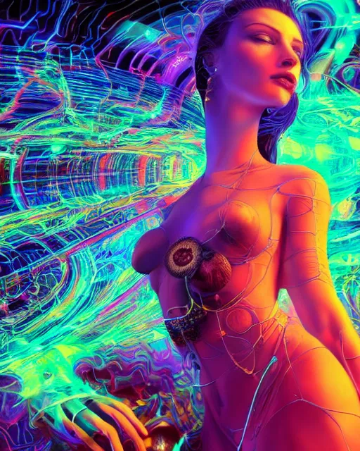 Image similar to a powerful energy psychedelic woman, by alexander fedosav, hyper detailed digital matte painting, concept art, hyperrealism, 1 6 k resolution, cinema 4 d, 8 k resolution, trending on artstation, behance hd, a masterpiece, by stephan martiniere, particles, cel - shaded, power bright neon energy, by david a. hardy,