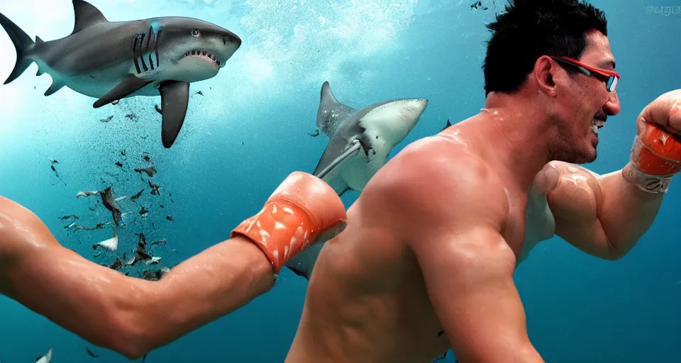 Prompt: Markiplier punching a shark underwater, photograph 4k