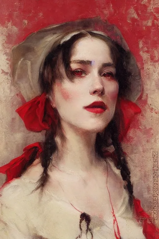 Image similar to Solomon Joseph Solomon and Richard Schmid and Jeremy Lipking victorian genre painting full length portrait painting of a young beautiful woman traditional german french pirate wench in fantasy costume, red background