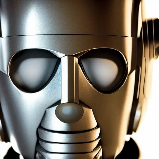 Image similar to close up realistic cyberman with half of his mask broken off showing david tennant, digital artcinematic lighting, render, fantasy