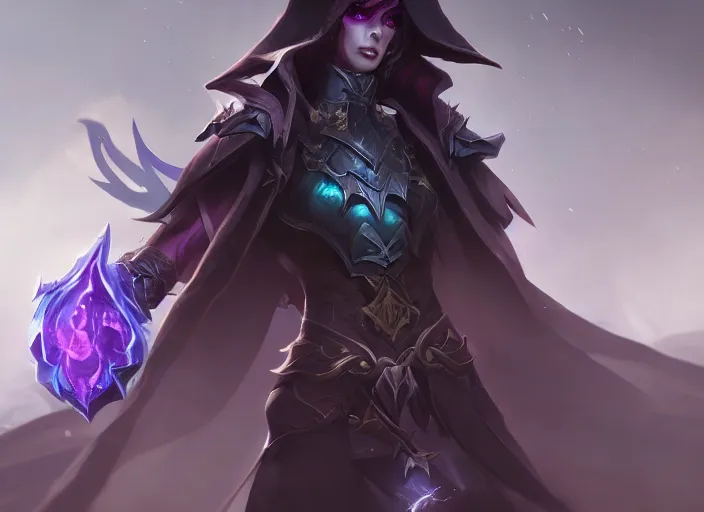 Prompt: dark mage character concept art, digital illustration, trending on artstation, epic composition, scenic background, 8 k uhd, masterpiece, league of legends splash art, octane render, highly detailed, perfect lineart