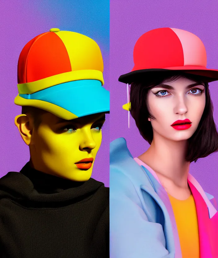 Prompt: full portrait of a post modern fashion model with an exuberant neo bio hat, colorful, beautiful european face, octane render, vray, detailed, halftoned, editorial illustration, matte print, grainy light, ( ( dither ) ), risograph, high contrast, screen print, grainy texture