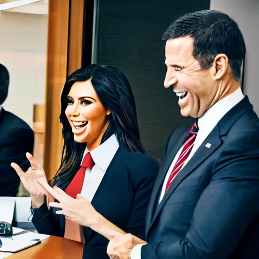 Image similar to stock photo of kim kardashian, and joe biden wearing suits and ties laughing in an office building, 8k resolution, full HD, cinematic lighting, award winning, anatomically correct