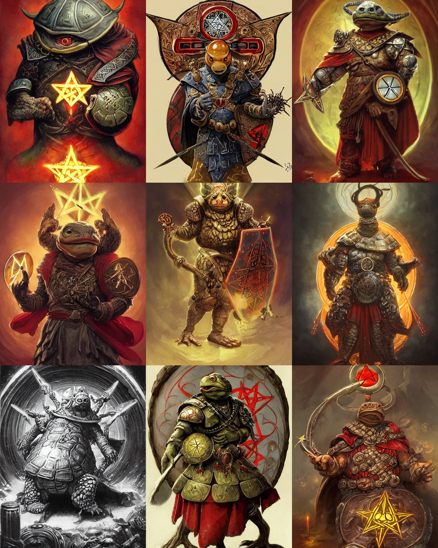 Prompt: a anthropomorphic tortoise with glowing red arcane runes painted on his shell, dressed like a cleric, holding a pentagram shield, award - winning 4 k fantasy artwork, franz frazetta, high resolution, intricate detail