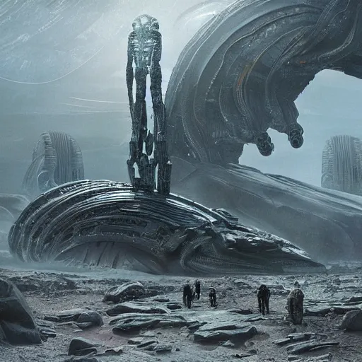 Prompt: scene from prometheus movie, hr giger artlilery spaceship lands in an alien landscape, filigree ornaments, volumetric lights, simon stalenhag