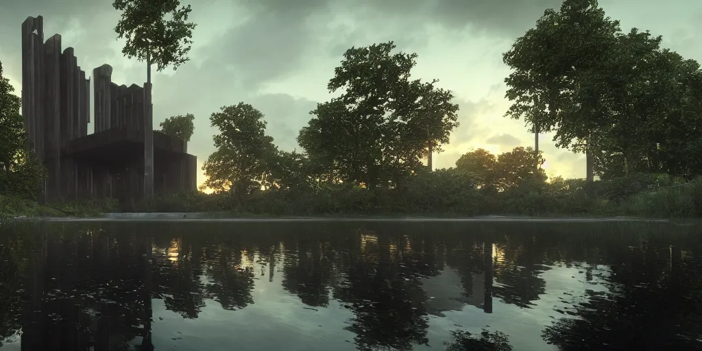 Prompt: an extremely detailed cathedral of brutalist architecture, surrounded by lush green forest, ponds of water, stunning volumetric lighting, sunset, rusted steel, smooth concrete, stunning skies, trending on Artstation, 8k, photorealistic, hyper detailed, unreal engine 5, IMAX quality, cinematic, epic lighting, in the style of Greg Rutkowski