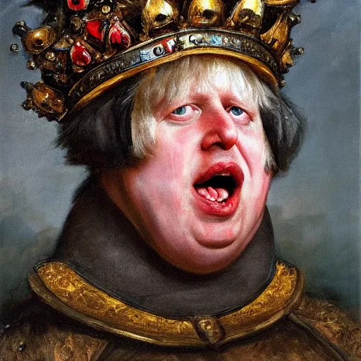 Prompt: boris johnson, wearing a crown, making a silly face, oil painting by jan matejko