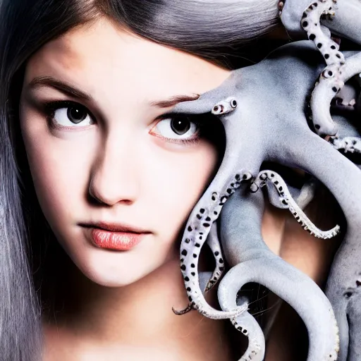 Image similar to A girl with a gray octopus for hair, very young and beautiful face, silver eyes, HD, hyper realistic