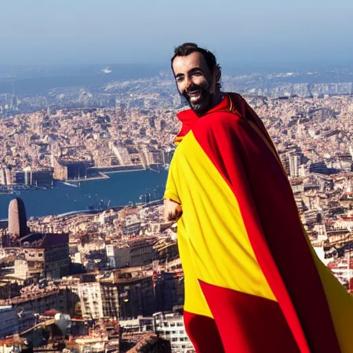 Image similar to santigo abascal flying over barcelona wearing a red and yellow cape