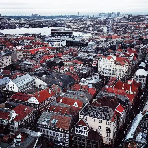 Image similar to photo taken from high up of a giant dog destroying copenhagen
